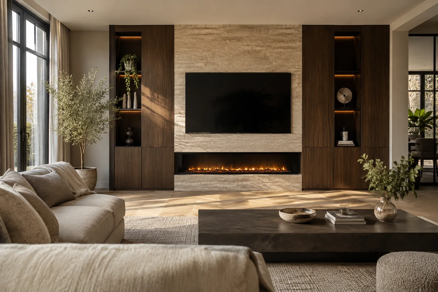 Hotel chique cinewall concept met walnoot, steenlook en elektrische haard